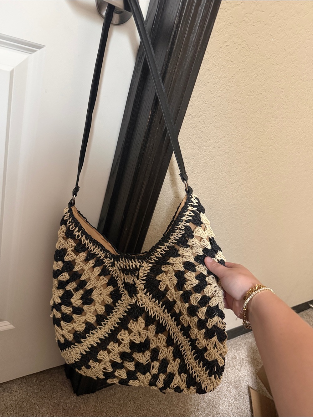 Woven Straw Crochet Shoulder Bag in Black and Cream